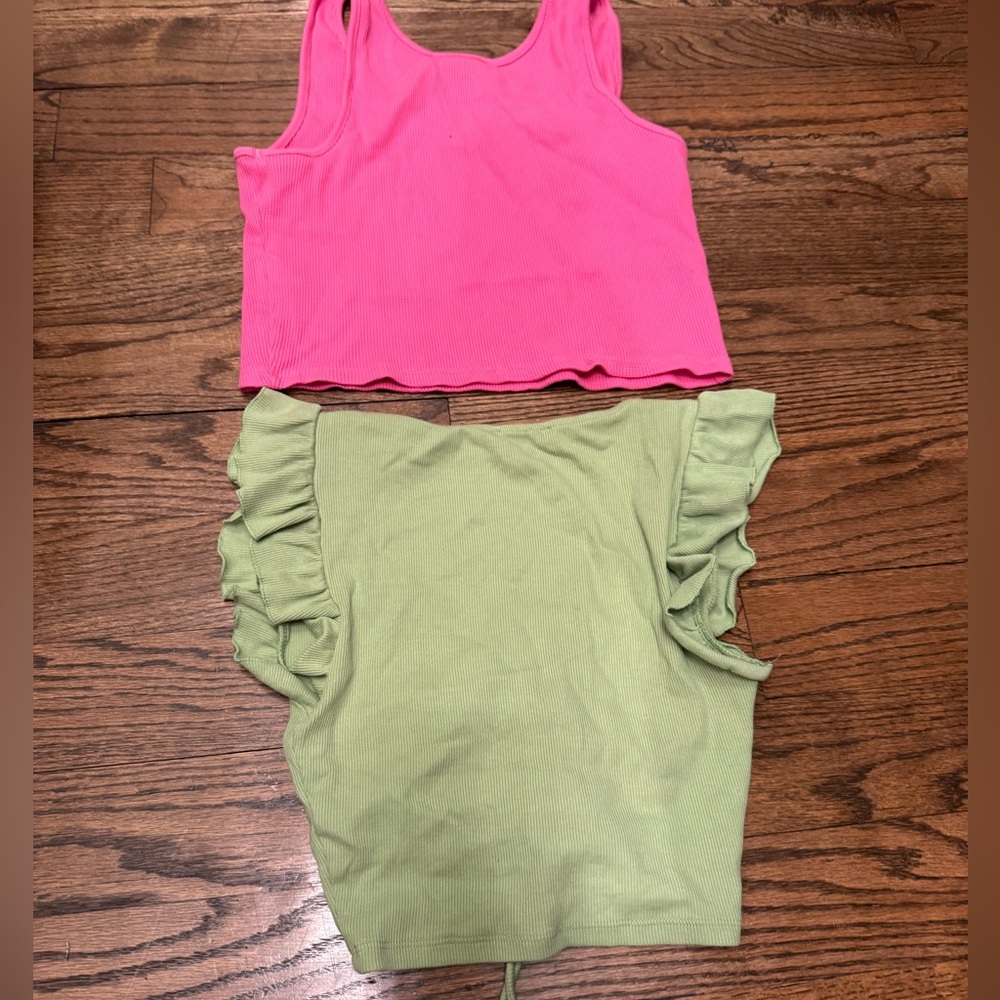 Zara Ribbed Ruched Top M Olive + Primark Pink Waffle Tank M Cropped Bundle - Picture 2 of 5